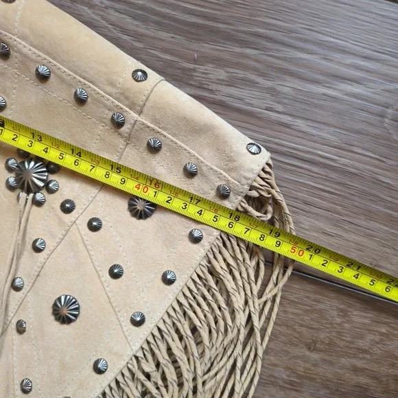 Cripple Creek Vest Tan Leather Fringe Studded Western Capelet Poncho Festival OS - Picture 7 of 14